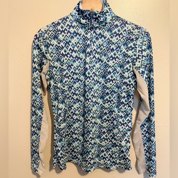 Ariat Ladies Sunstopper 2.0 1/4 Zip Baselayer Shirt Blue Geometric Design XS - Picture 7 of 12